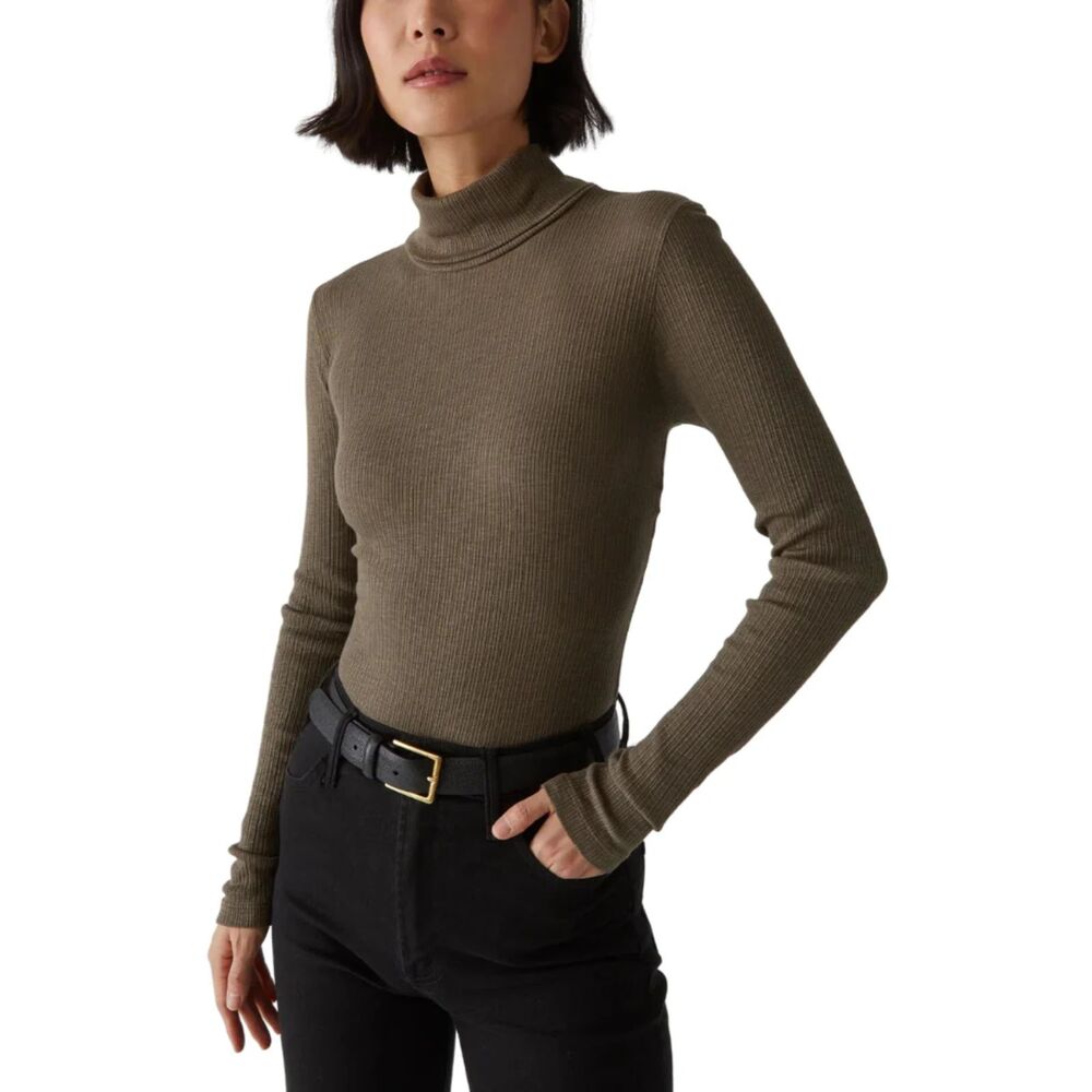 Michael Stars Olive Ribbed Long Sleeve Turtleneck Top | Size M